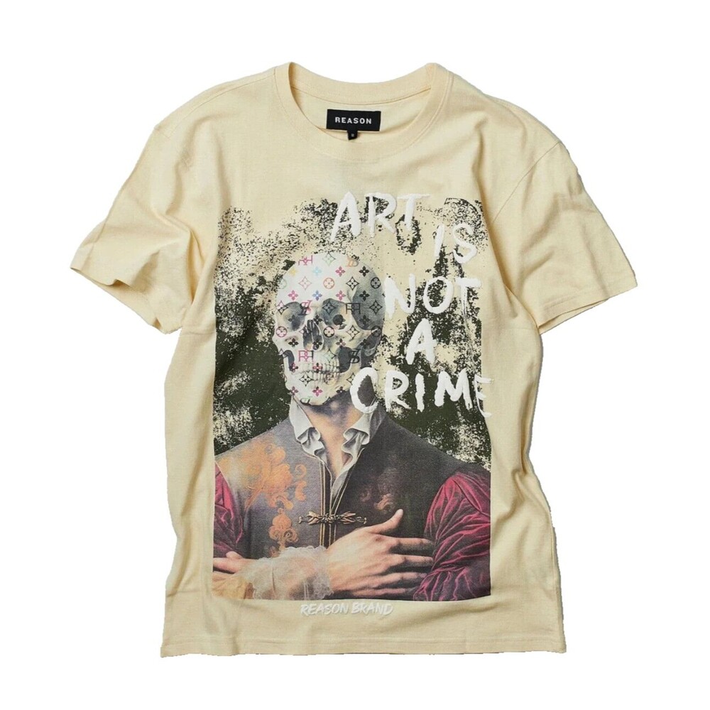 Reason Men’s Khaki Cream Art Is Not a Crime Skull Graphic Print Tee XXXL (3XL)